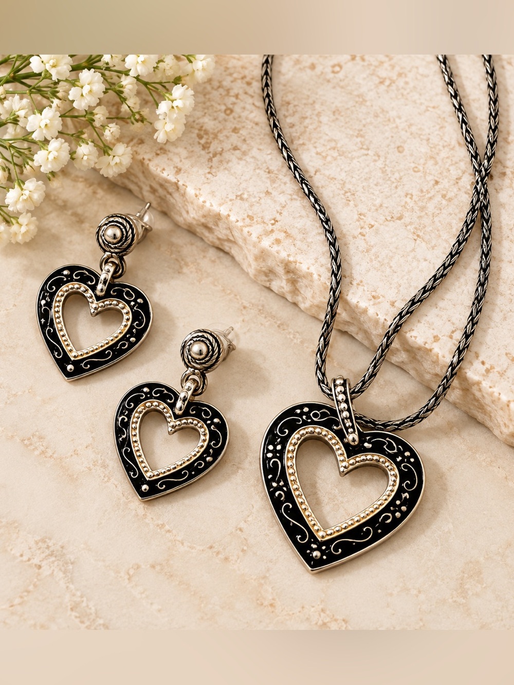 Brighton Metro Heart Reversible Black Enamel Brown Wood Gilt Jewelry Set OS